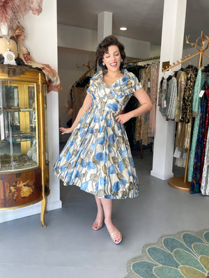 1956 Christian Dior Couture Blue Floral Silk Portrait Collar New Look Dress