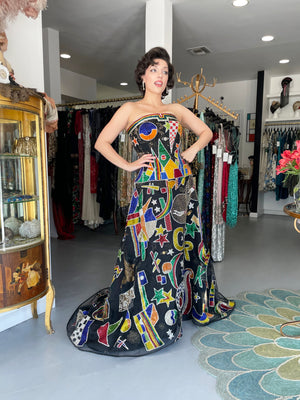 1989 Gianni Versace Haute Couture Runway Beaded Circus Art Bustier Strapless Gown and Shawl