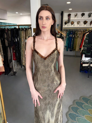 1998 Valentino Runway Semi-Sheer Leopard Print Shimmer Silk Beaded Slip Gown