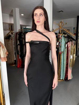 2001 Christian Dior by John Galliano Black Silk Leather-Strap Bondage Bias-Cut Gown