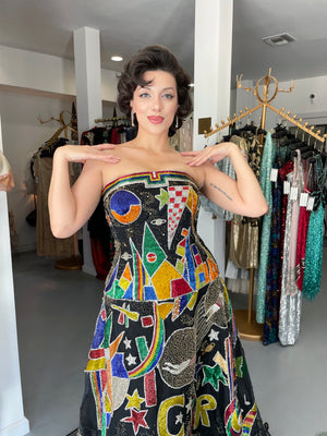 1989 Gianni Versace Haute Couture Runway Beaded Circus Art Bustier Strapless Gown and Shawl