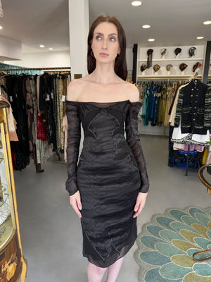 2004 Tom Ford for Yves Saint Laurent Runway Sheer Black Boned Off-Shoulder Hourglass Dress