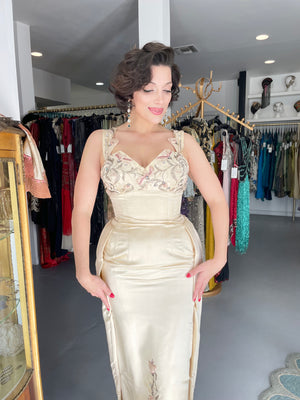 1950's Candlelight Satin Beaded Appliqué Skirted Hourglass Custom Couture Dress