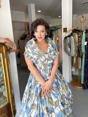 1956 Christian Dior Couture Blue Floral Silk Portrait Collar New Look Dress