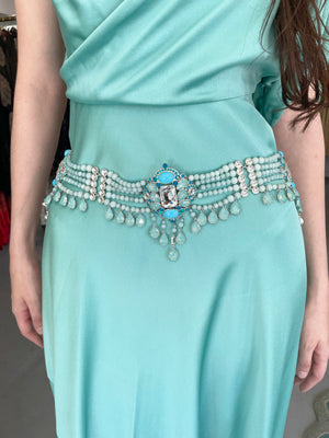 2008 Christian Dior by John Galliano Runway Turquoise Crystal Cabochons Beaded Statement Belt