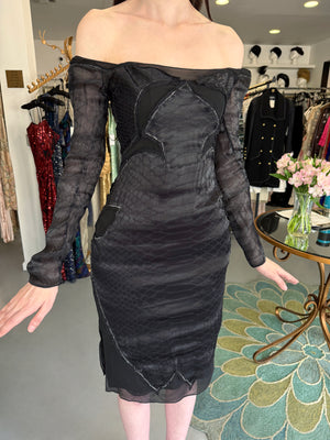 2004 Tom Ford for Yves Saint Laurent Runway Sheer Black Boned Off-Shoulder Hourglass Dress
