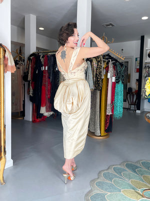 1950's Candlelight Satin Beaded Appliqué Skirted Hourglass Custom Couture Dress