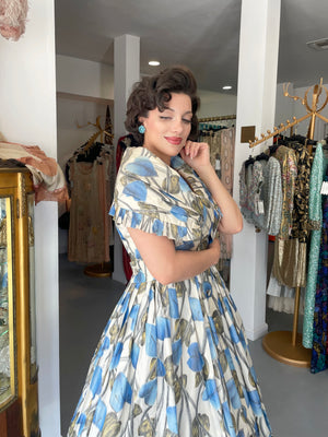 1956 Christian Dior Couture Blue Floral Silk Portrait Collar New Look Dress