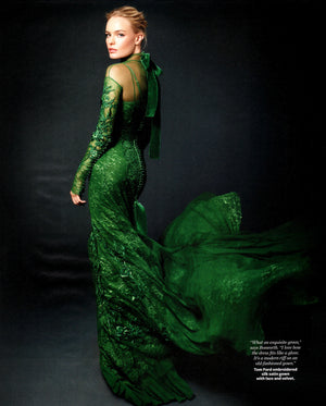 2011 Tom Ford Emerald Green Embroidered Sheer Tulle Lace Velvet-Bra Trained Editorial Gown