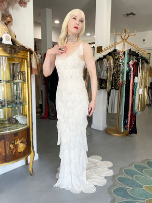 1990 Angelo Tarlazzi Paris Couture Ivory Silk Rhinestone Petals Bias-Cut Trained Gown