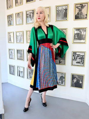 1977 Ungaro Haute Couture Runway Colorful Silk Kimono-Sleeve Tunic Blouse & Skirt Ensemble