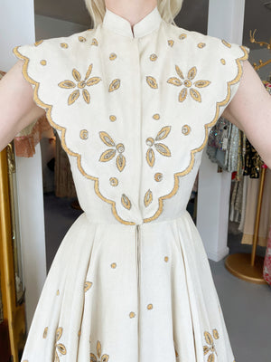 1949 Jacques Fath Attributed Haute Couture Embroidered Beaded Eyelet Cream Linen Gown