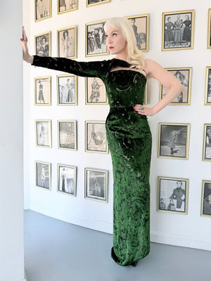 1990 Geoffrey Beene Couture 'Green Leaves' Sheer Devoré Velvet One-Sleeve Hourglass Gown