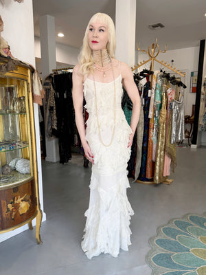 2006 John Galliano Ivory Tiered Ruffle Sheer Silk Chiffon Pearl Straps Bias-Cut Slip Gown
