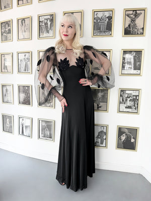 1979 Loris Azzaro Black Silk Jersey Sheer Illusion Petal Motif Billow-Sleeve Gown