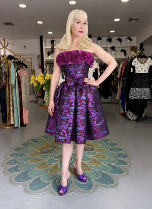 1989 Nina Ricci Haute Couture Metallic Fuchsia Silk Brocade Strapless Skirted Dress
