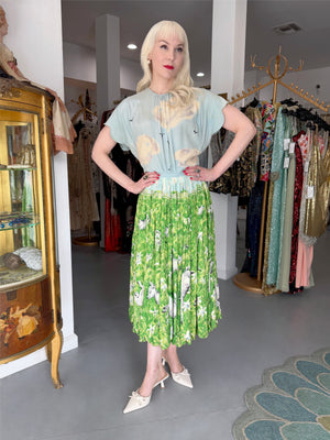 1942 Gilbert Adrian Iconic 'Gamboling Lambs' Scenic Print Scalloped Patio Dress