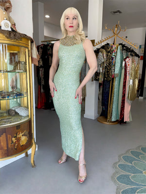 1960's Gene Shelly Seafoam Fully- Sequin Stretch Knit Beaded Collar Hourglass Gown