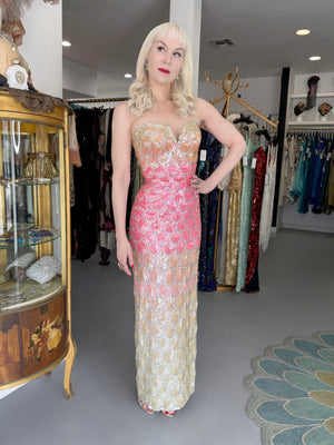 1950's Custom Couture Fully Sequin Pink Ombré Rhinestone Hourglass Gown w/ Gloves