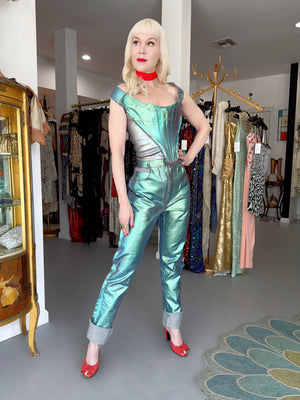 1993 Vivienne Westwood Runway Metallic Foiled Denim Corset Bustier & Matching Pants