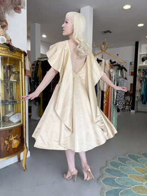 1950's Don Loper Couture Ivory Silk Satin Strapless Full-Skirted Dress w/ Detachable Cape