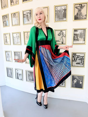 1977 Ungaro Haute Couture Runway Colorful Silk Kimono-Sleeve Tunic Blouse & Skirt Ensemble
