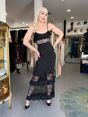 1994 Chanel by Karl Lagerfeld Cruise Collection Sheer Black Lace Ruffle-Trim Lingerie Gown