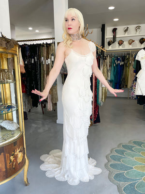 1990 Angelo Tarlazzi Paris Couture Ivory Silk Rhinestone Petals Bias-Cut Trained Gown