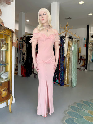 2004 Christian Dior by John Galliano Light Pink Silk Draped Shawl High Slit Bias-Cut Gown