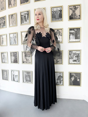1979 Loris Azzaro Black Silk Jersey Sheer Illusion Petal Motif Billow-Sleeve Gown