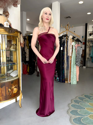 2001 Christian Dior by John Galliano Wine-Red Silk Snakeskin Zippers High Slit Bias-Cut Gown