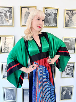 1977 Ungaro Haute Couture Runway Colorful Silk Kimono-Sleeve Tunic Blouse & Skirt Ensemble