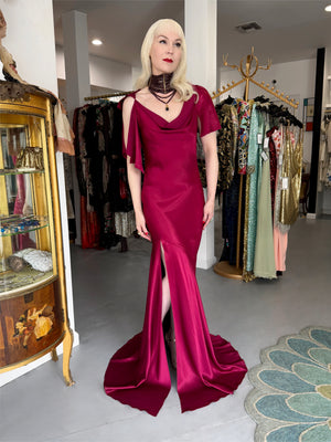 1999 John Galliano Maori Collection Wine Red Asymmetric High Slit Bias-Cut Gown