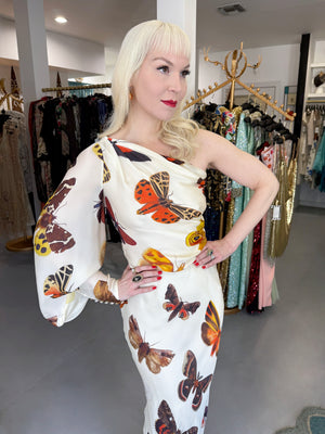 2007 Alexander McQueen Butterfly Motif Silk Asymmetric Billow Sleeve Bias-Cut Gown