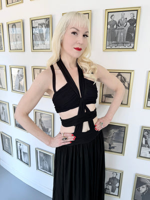 1995 Chanel by Karl Lagerfeld Iconic Runway Campaign Black Cut-Out High Slit Maxi Dress