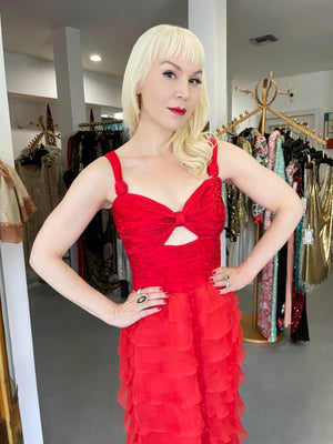 2005 Valentino Runway Iconic Red Ruched Silk Cut-Out Tiered Ruffle Gown
