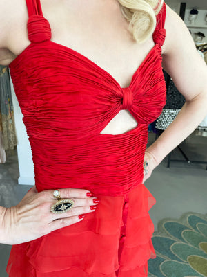2005 Valentino Runway Iconic Red Ruched Silk Cut-Out Tiered Ruffle Gown