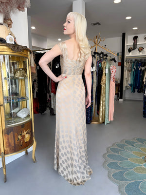 2008 Valentino Runway Polka-Dot Champagne & Silver Silk Ruched Cut-Out Gown