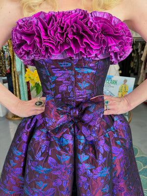 1989 Nina Ricci Haute Couture Metallic Fuchsia Silk Brocade Strapless Skirted Dress