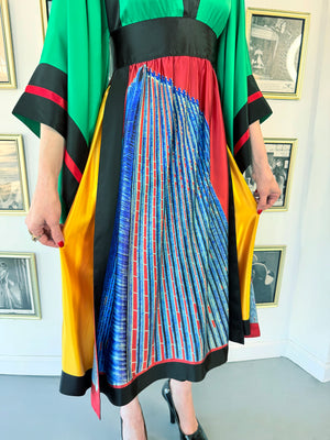 1977 Ungaro Haute Couture Runway Colorful Silk Kimono-Sleeve Tunic Blouse & Skirt Ensemble