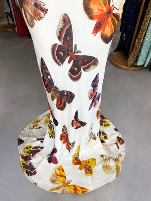 2007 Alexander McQueen Butterfly Motif Silk Asymmetric Billow Sleeve Bias-Cut Gown