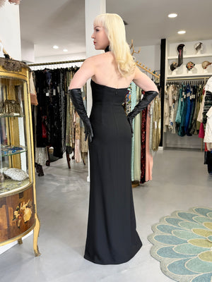 1997 Christian Dior by John Galliano Black Silk Crepe Strapless High-Slit Gown