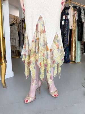 2004 John Galliano 'Cherubs & Flappers' Whimsical Print Silk Camisole & Cashmere Knit Bias-Cut Skirt Set