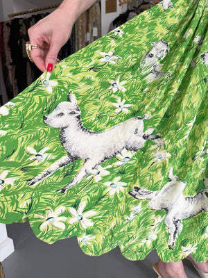 1942 Gilbert Adrian Iconic 'Gamboling Lambs' Scenic Print Scalloped Patio Dress