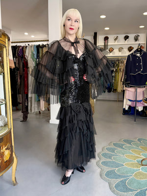 1978 Loris Azzaro Couture Black Sequin Strapless Tiered-Ruffle Gown & Sheer Capelet