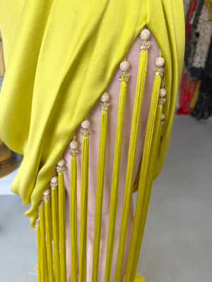 2018 Ralph & Russo Haute Couture Chartreuse Silk Satin Asymmetric Crystal Fringed Gown