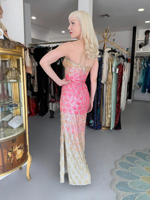 1950's Custom Couture Fully Sequin Pink Ombré Rhinestone Hourglass Gown w/ Gloves