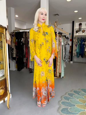 1972 Hanae Mori Couture Vogue Editorial Sunset Ombrè Floral Silk Gown & Matching Sheer Jacket