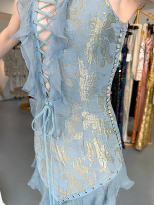 2003 Christian Dior by John Galliano Metallic Powder Blue Floral Silk Brocade Lace Up Bias-Cut Gown