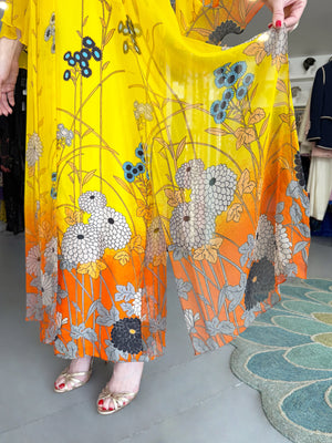 1972 Hanae Mori Couture Vogue Editorial Sunset Ombrè Floral Silk Gown & Matching Sheer Jacket